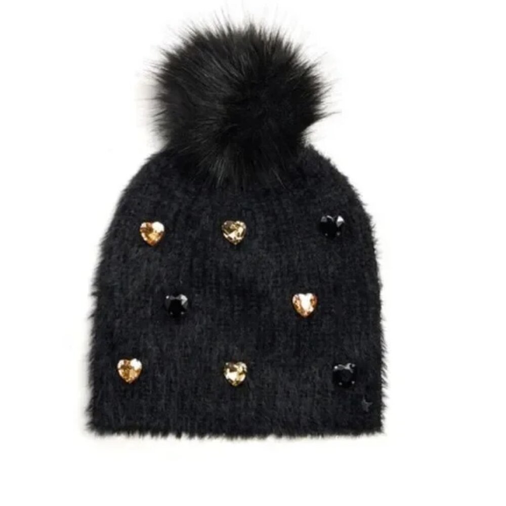 Jocelyn Knit Beanie with Rhinestone Hearts, New with Tag